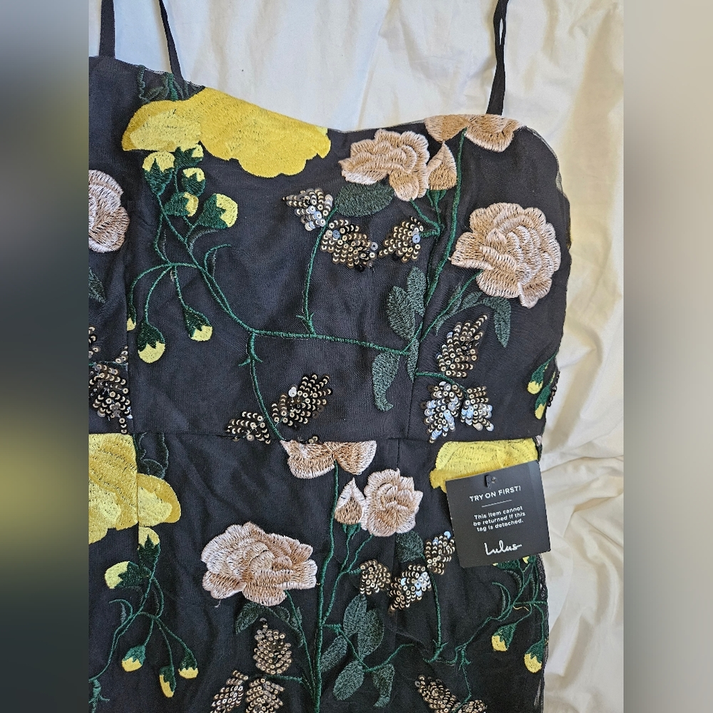 Lulu's Black Mini Dress with Yellow & Blush Floral Embroidery - Picture 2 of 7